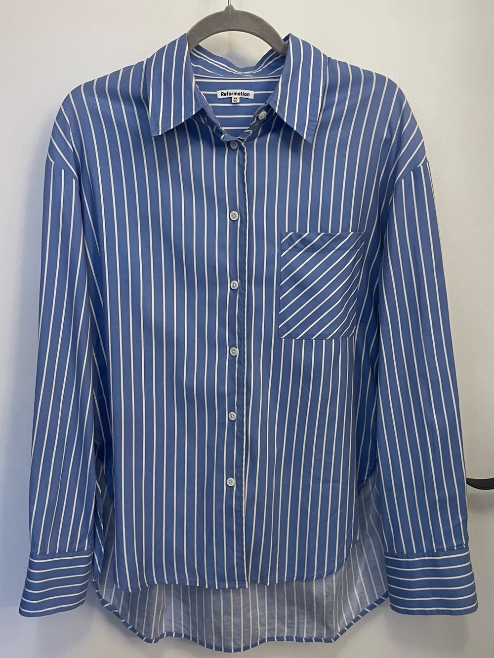 Reformation Blue and White Vertical Stripe Button-Down Shirt